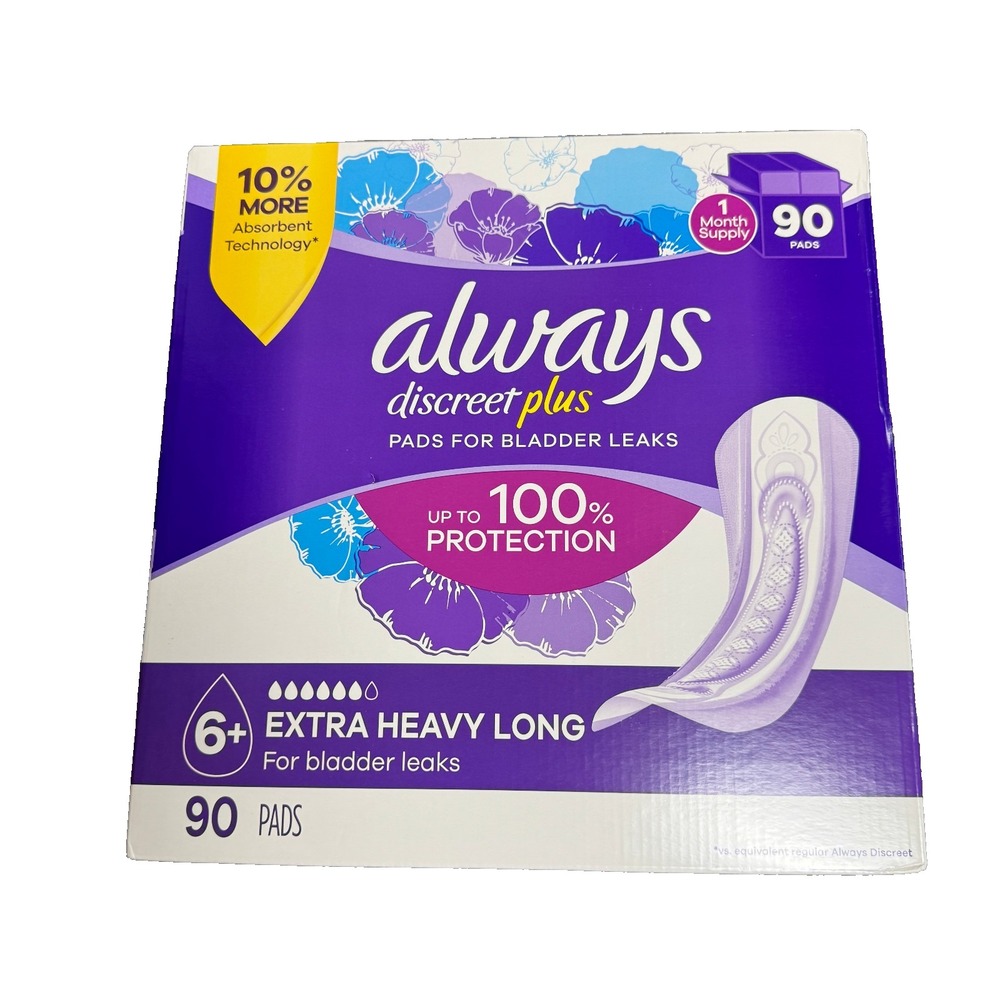 NEW Always Discreet Plus Incontinence Pads Women 6+ Extra Heavy Long 90 Count